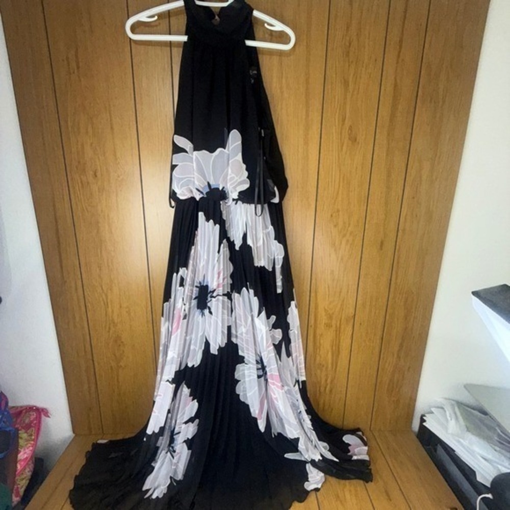 Black Halter Maxi Dress with White and Soft Pink Floral Print